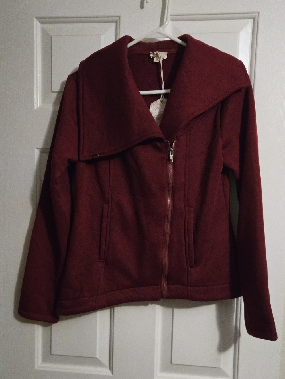 Hem & Thread Wine Asymmetrical Zip Hooded Sweatshirt